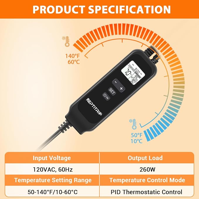 REPTITRIP 5.5 Inch Reptile Heat Lamp Fixture with PID Thermostat & 100W Ceramic Heat Emitter (Non-Light Emitting), Independent Day & Night Temperatures, Lampshade MAX 100W