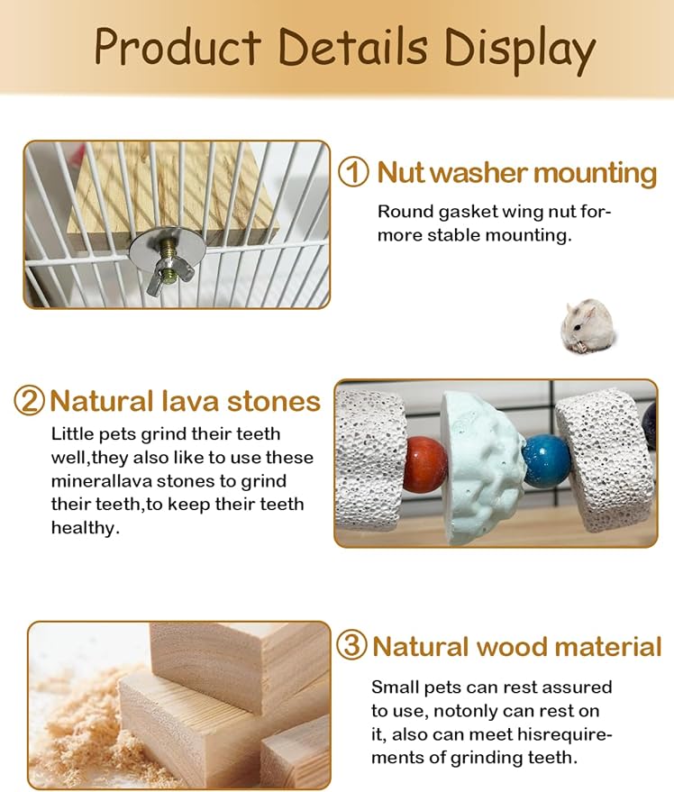 Chinchilla Ledges Wood Sets, Hamster Wooden Stand Platform with Lava Ledge Blocks Chew Toys Small Animal Cage Accessories for Rat Gerbil Guinea Pig Chipmunk Squirrel Mouse