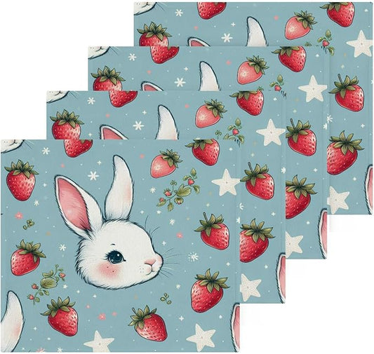 Qilmy Rabbit with Strawberry Washcloths 4 Pack, 12x12 Inch Cotton Wash Cloths - Highly Absorbent Face Towels for Bathroom, Washing, Gym, and Spa