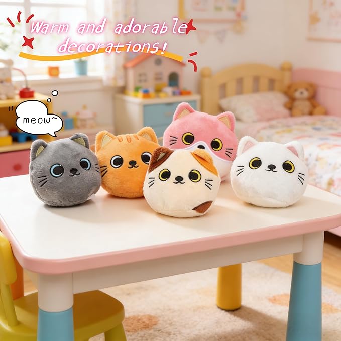 Plush Cat Toy Set, 5PCS Interactive Stuffed Cats with Basket, Cute Kawaii Kitten Plushies, Soft Animal Toys for Kids & Cat Lovers Gifts for Birthday, Home Decor, 7.87” Basket 4.3” Cat