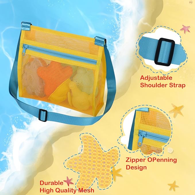 MUYIZI Sand Sifter Shovel with Mesh Beach Bag, Detachable Shell Scooper for Beach,Sand Scoop for Shell Collecting, Shark Teeth Sifter Dipper, Multi-Use Sifting Tool,Beach Toys for Kids (Blue+Yellow)