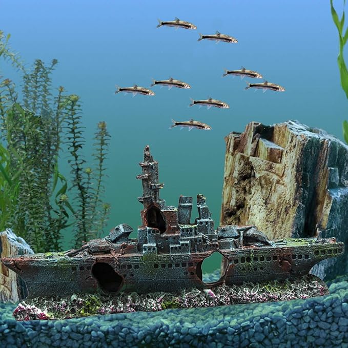 S-Lifeeling Fish Tank Decoration Moss Rockery Stone Plants Wood Ruins Landscaping Turtle Tank Decoration Fish Shrimp Shelter (Shipwreck)