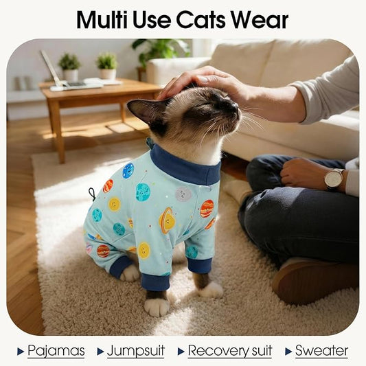DENTRUN Cat Clothes for Hair Control with Hair Sticky Fabric - Soft Recovery Suit & Breathable Lint-Resistant Cat Sweater for Cats Only, Kitten Onesie Pajamas, XL, Deep Blue