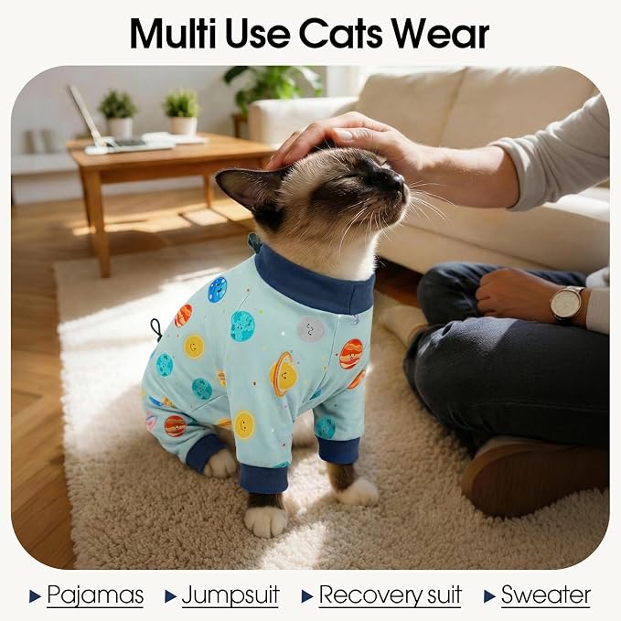 DENTRUN Patterned Cat Clothes with Hair Sticky Fabric for Hair Control - Soft Recovery Suit & Breathable Lint-Resistant Cat Sweater for Cats Only, Kitten Onesie Pajamas, XS, Deep Blue