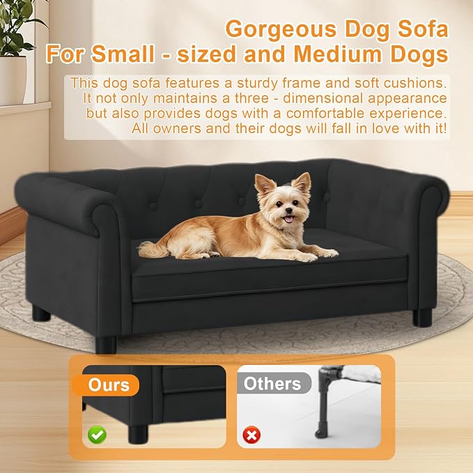 Dog Sofa for Small & Medium Dogs | Removable & Washable | No Assembly Required | Breathable Linen Fabric | Soft Foam |Floor-friendly sofa legs |Black