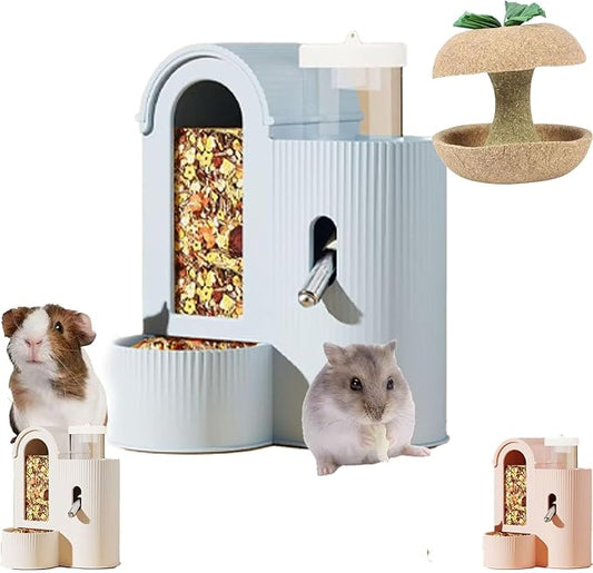 Rabbit Food Water Dispenser, Guinea Pig Water Bottle & Automatic Bunny Feeder, Cage Accessories,3 Color Feeder Dispenser for Hamster, Chinchilla, Ferret Small Animals (Blue)