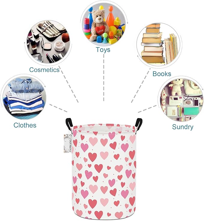 Storage Basket, Nursery Hamper Canvas Laundry Basket Foldable with Waterproof PE Coating Large Storage Baskets for Kids Boys and Girls, Office, Bedroom, Clothes,Toys(Colorful hearts)