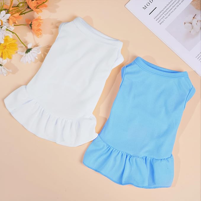 2 Pcs Dog Dresses Cat Skirt Solid Color Dog Clothes Summer Sleeveless Puppy Girl Clothes for Small Pet Dogs Cats (White,Blue, Small)