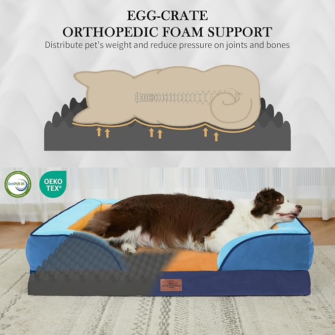 Comfort Expression Orthopedic Dog Bed for Extra Large Dogs with Bolster | Waterproof Dog Couch Bed with Washable Cover & Non-Slip Bottom, Supportive Egg Crate Foam XL Pet Bed, 42x30 Inch