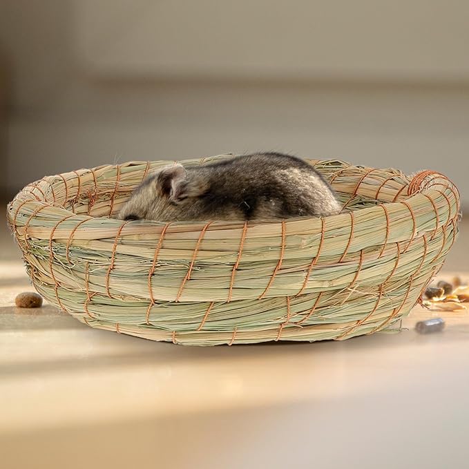2pcs Woven Straw Pet House with Flat Bottom, Natural Handwoven Small Animal Shelter for Hamsters, Rabbits, Guinea Pigs, Ferrets – Cozy Warm Chewing Bed for Indoor Pet Cages