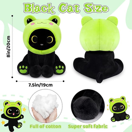 Frog Plush Toy, Cute Black Cat Plush with Removable Frog Hat, 8" Soft Plushie Cute Stuffed Animal Pillow for Kids, Birthday Gift for Boys and Girls and Adults