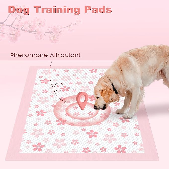 MIZOK 100 Counts Dog Pee Pads Extra Large 28"x34", Potty Pads for Big Dog Breeds, Super Absorbent & Leak-Proof, Pink Cherry Blossom Prints, 4-Corner Adhesive Tabs, Thick & Heavy, XL