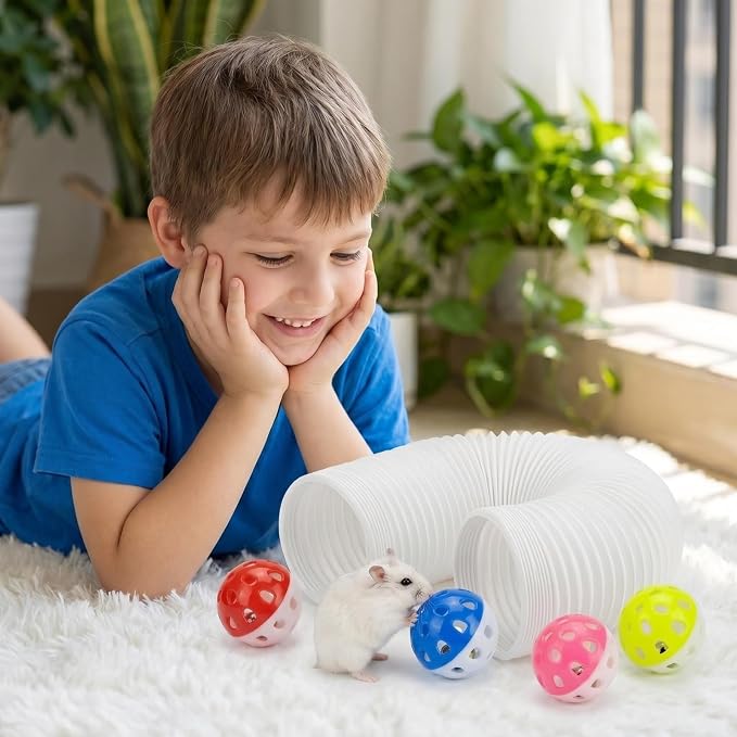Hamster Collapsible Tunnel Tube Toys with 4 Bell Balls, Expandable Small Animal Hideout Exercise Toy 7.8inch Unextended 32.7inch Extended for Guinea Pig Gerbil Rat Ferret (White)