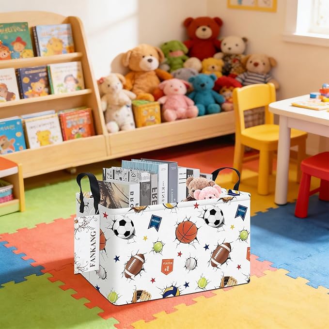 Storage Bins,Nursery Hamper Canvas Laundry Basket Foldable with Waterproof PE Coating Storage Baskets for Boys and Girls, Office, Bedroom, Clothes,Toys(Rec-3D Sports Balls ）