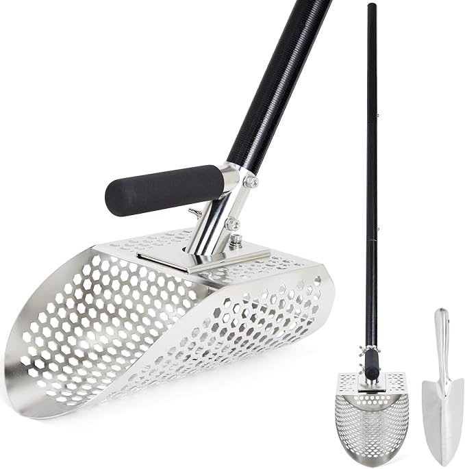 Sand Scoop for Metal Detecting, Metal Detector Scoop with Long Fiberglass Handle, Stainless Steel Sand Sifter for the Beach, Sand Flea Rake, Metal Detector Accessories, Metal Detecting Shovel