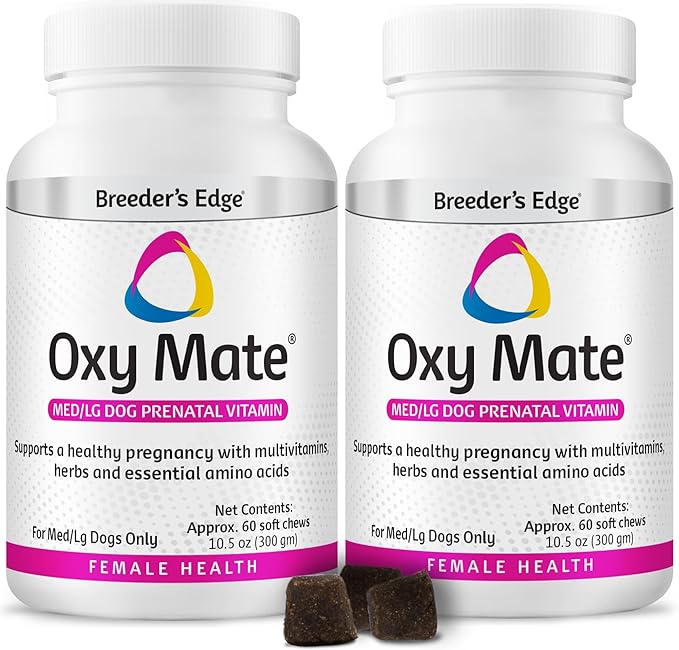 Breeder's Edge Oxy Mate Dog Prenatal Vitamins, Comprehensive Supplement for Pregnant Dogs and Cats Enriched with Essential Nutrients for Healthy Moms & Litters, Soft Chews - 120ct Medium & Large Dog