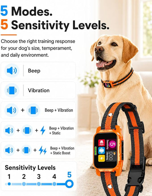 Smart Dog Bark Collar - Anti Barking Device for Large Medium Small Dogs, Stop Excessive Barking & Aggression Behavior, with 5 Modes & 5 Sensitivity, IP67 Waterproof for Indoor/Outdoor Use, Orange