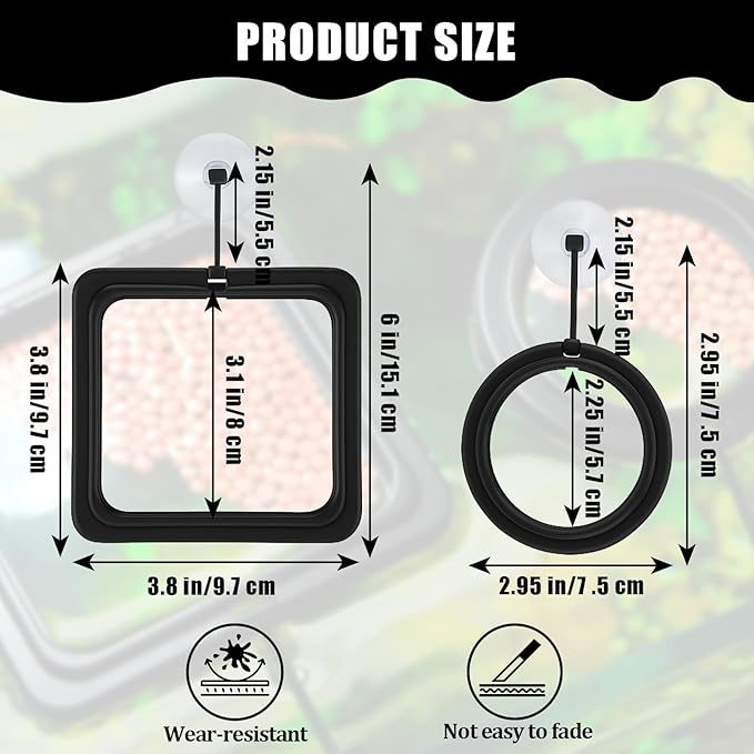 2PCS Small Fish Feeding Ring, Square and Round Mini Aquarium Feeder with Strong Suction Cup Floating Fish Feeder Ring for Betta Goldfish Guppy (Black)