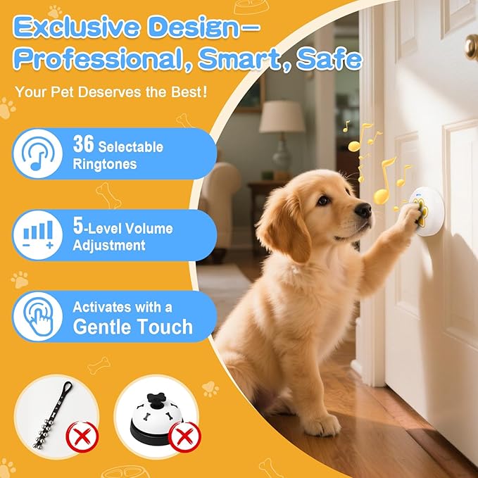 ChunHee Dog Bells to Go Outside - Bell for Dogs to Ring to Go Potty | Chew-Proof Dog Door Bell | 0-115dB Adjustable Volume & 36 Ringtones | Bells for Dog Training to Go Outside Without Barking