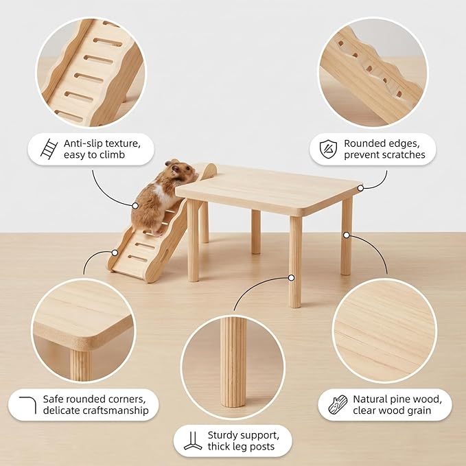 3 Pcs Hamster House Set,Hamster Game Climbing Toy with Platform,Wooden Hideaway House,Activity Seesaw,Small Animal Fun Activity Space for Syrian Hamsters, Gerbils, Mice