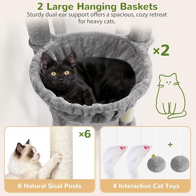 Globlazer 75in Sturdy Cat Tree for Large Cats, Heavy Duty Multi-Level Cat Tower for Indoor Cats with Extended Platform, 2 Spacious Condos, 2 Padded Perches, 6 Sisal Scratching Posts, S75, Light Grey
