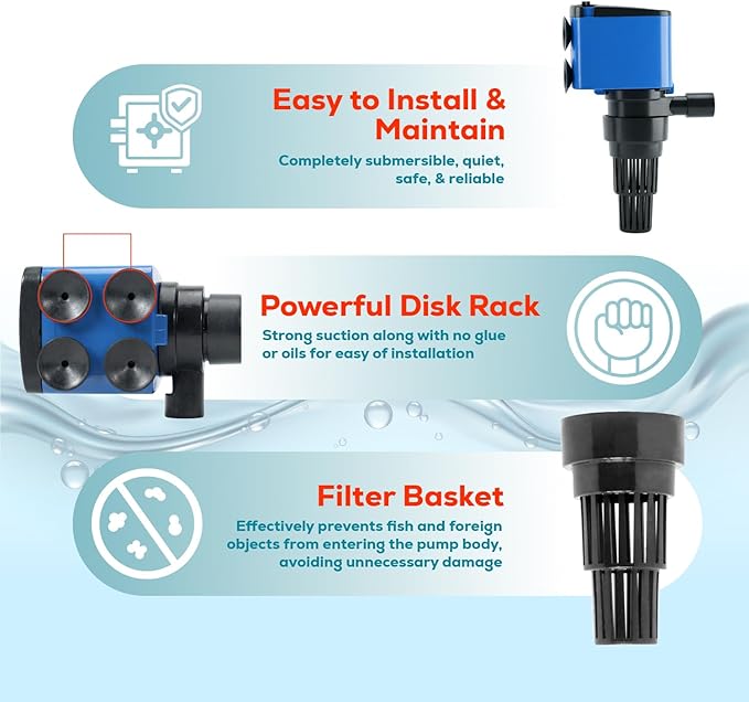 Aqua Dream 210 GPH Aquarium Powerhead - 3-in-1 Submersible Filter Pump with Air Oxygenation & Adjustable Flow, 15W High-Performance Water Circulation Pump for Fish Tanks - 2 Pcs