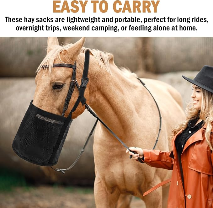 Lemecima 2 Pcs Horse Feed Bag Comfort Breathable Mesh Feed Bucket Heavy Duty Feed Bag with Adjustable Strap and Waterproof Bottom for Horse Feeding Supplies Muzzle Feed Bag, Medium (Black)
