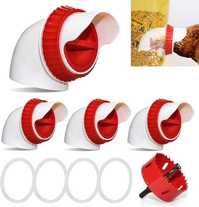 4PACK No Waste Chicken Feeder Ports - DIY Chicken Feeder Kit with Hole Saw - Chicken Feeder Cups for Bucket,Barrels,Bins,Troughs