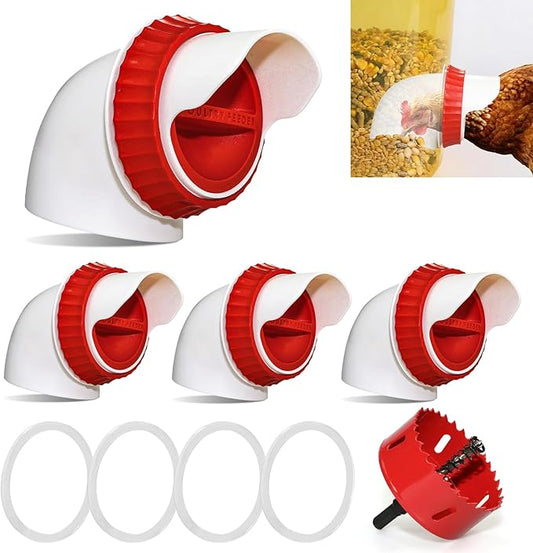 4PACK No Waste Chicken Feeder Ports - DIY Chicken Feeder Kit with Hole Saw - Chicken Feeder Cups for Bucket,Barrels,Bins,Troughs