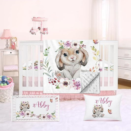 Personalized Crib Bedding Set for Baby Boy Girl, Custom Name Rabbit Design 3 Piece Baby Bedding Set, Including Plush Blanket, Fitted Sheet and Pillowcase for Newborn Nursery Gift