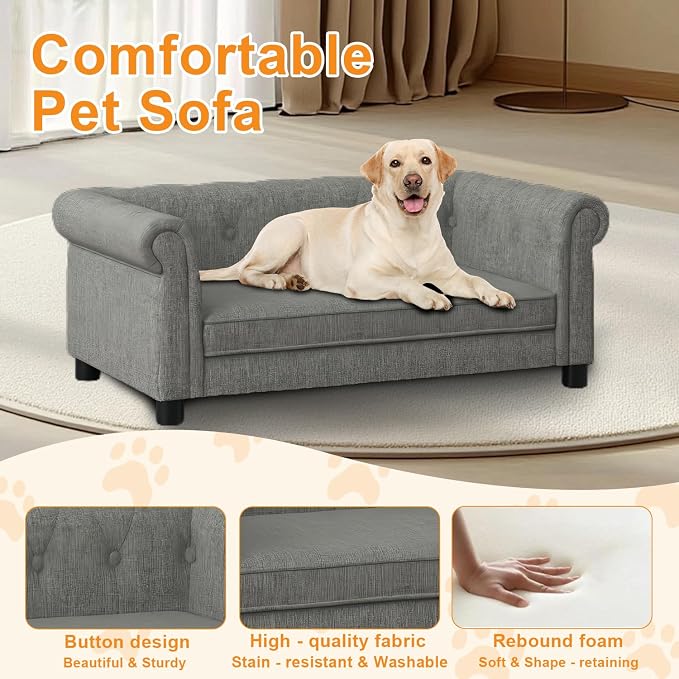 Dog Sofa for Small & Medium Dogs | Removable & Washable | No Assembly Required | Breathable Linen Fabric | Soft Foam |Floor-friendly sofa legs |Light grey