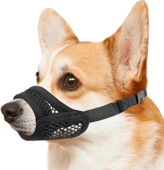 Mayerzon Mesh Muzzle for Small Medium Large Dogs Anti-Biting, Opening Front Muzzle for Mini Poodle Corgi, Focus on Short Snout Dogs, Breathable Fabric, Allow Panting, for Grooming Vet Visits