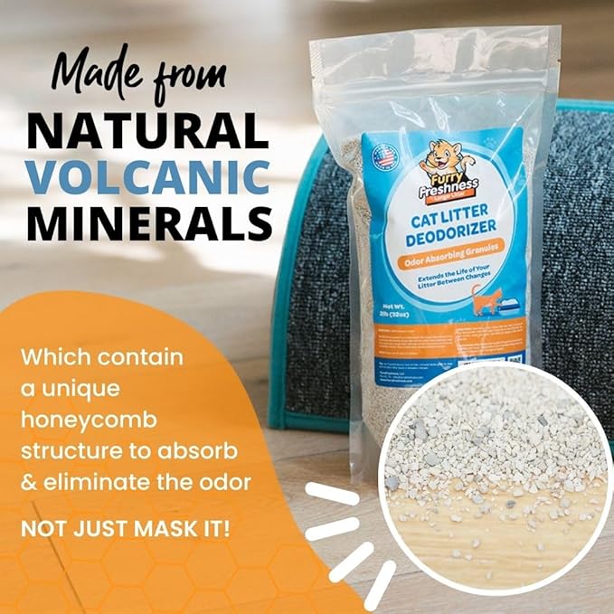 FurryFreshness Cat Litter Deodorizer & Litter Box Odor Eliminator - Works With All Litters To Increase The Life Of Your Litter -Made In USA -Nontoxic, Fragrance Free Odor Control (1 Pack)