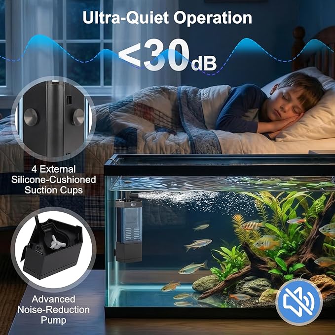 AQQA Internal Aquarium Filter - Submersible 5-40 Gallons Fish Tank Filters, Adjustable Wave Maker, Bottom Inlet Whisper Pump and Underwater Automatic Power Water Filter System for Freshwater (M)