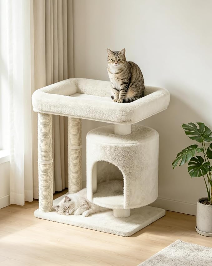 Small Cat Tree, Cat Tree for Large Cats with Perch Bed, Dual Sisal Scratching Posts, Cozy Condos for Indoor Cats Kittens, Beige