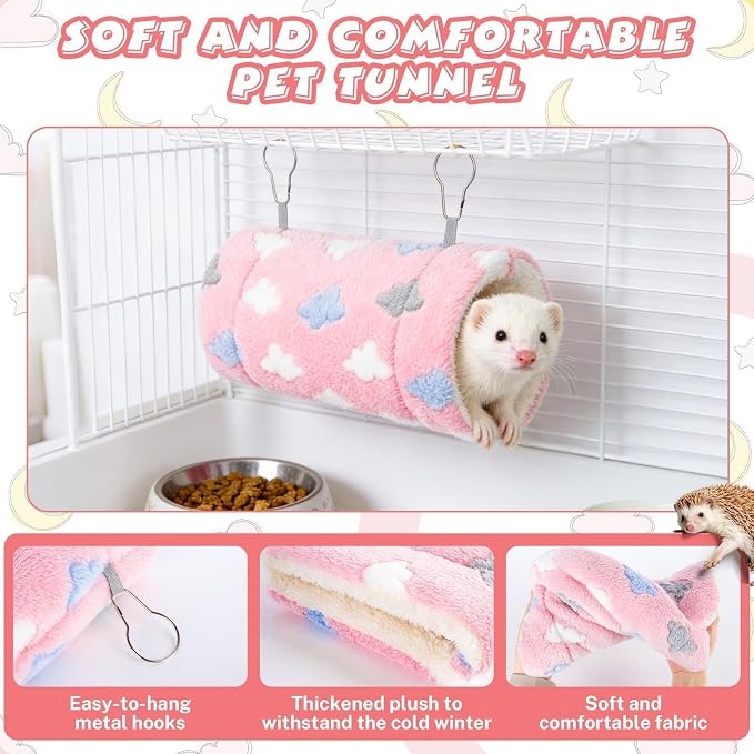 Ferret Rat Guinea Pig Tunnels - RAINFLOW Soft Rabbit Tunnel for Playing & Resting, Portable Hanging Guinea Pig Toys Accessories for Hedgehogs Hamster Squirrel Sugar Glider, Pink Cloud