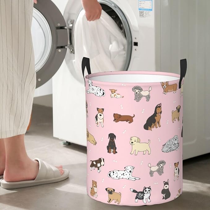 Cute Dogs Pink Round Laundry Hamper Storage Basket Toys Clothes Organizer Bin For Home Bathroom Bedroom Dorm Nursery, 38l