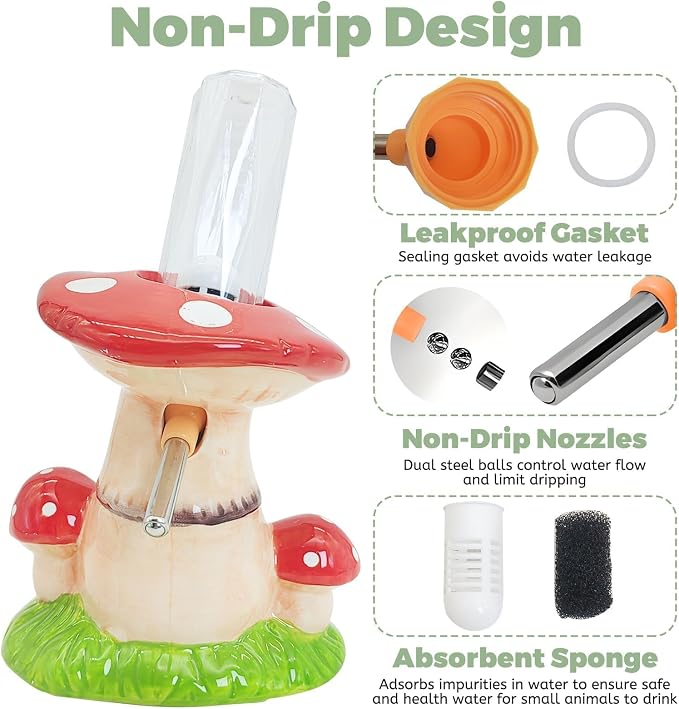 PINVNBY Hamster Water Bottle No Drip Ceramic Automatic Gerbil Water Bottle 80ML Water Dispenser with Mushroom Stand Holder for Gerbils Syrian Hamsters Dwarf Hamsters Mice (Red)