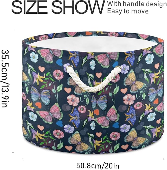 Butterfly Print Round Storage Basket Summer Colorful Butterfly Flowers Large Laundry Hamper 20 x 20 x 14 Inches Organizer Bin with Handles Clothes Storage Bag for Nursery Bedroom Living Room Decor
