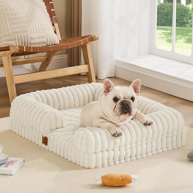 ChiXnuggle Orthopedic Dog Bed with Bolster Sides for Sleeping, Fluffy Plush Rectangular Dog Bed Medium Sized Dog, Luxury Striped Faux Fur Waterproof Dog Couch with Removable Washable Cover, Cream