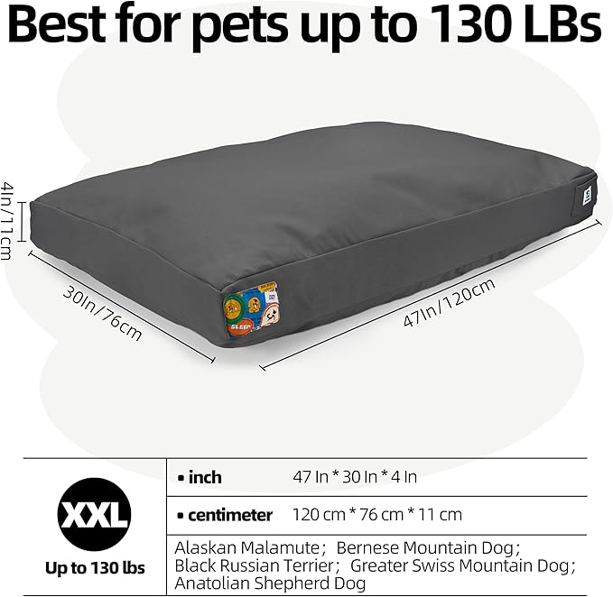 Sytopia 47 Inch Canvas Outdoor Dog Bed for XXL Dogs, Chew Proof Dog Bed with Waterproof Machine Washable Removable Cover, Durable Indoor Patio Pet Pad for Crate, Dark Grey