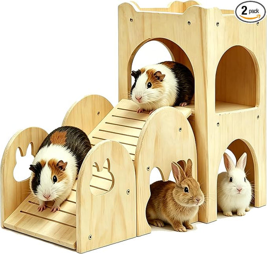 Rabbit Castle Large Guinea Pig Hideout Thicken Solid Wooden Bunny House with Ramp,Rabbit Playhouse for Chinchilla,Hamster,Small Animal Houses & Habitats(Set of 2)