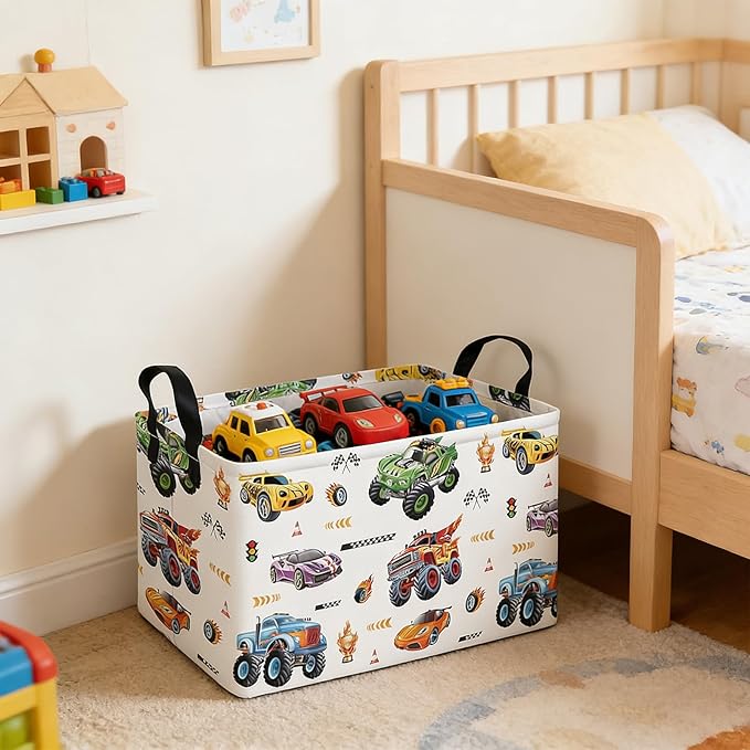 Rectangular Monster Truck Basket Storage Bins,Nursery Hamper Canvas Laundry Basket Foldable with Waterproof PE Coating for Kids, Office, Bedroom, Clothes,Toys(Rec-Monster Truck