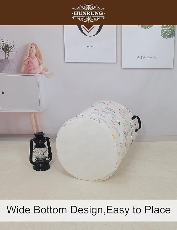 Collapsible Fabric Storage Basket, Waterproof Laundry Hamper with Handles, Round Storage Bin for Clothes Toys, Foldable Organizer for Bedroom Nursery Bathroom(Round-Rainbow)