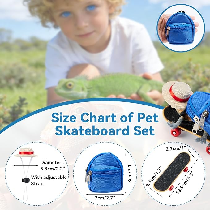 AOWPFVV 3 Pack Bearded Dragon Toys Includes a Bearded Dragon Backpack, an Adjustable hat, and a mini Skateboard Toy, for Small Reptile Pets Such as Lizards, Hamsters, Parrots, and Turtles