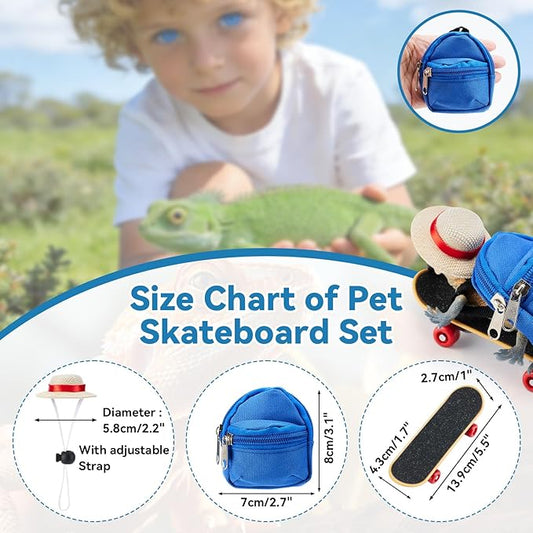 AOWPFVV 3 Pack Bearded Dragon Toys Includes a Bearded Dragon Backpack, an Adjustable hat, and a mini Skateboard Toy, for Small Reptile Pets Such as Lizards, Hamsters, Parrots, and Turtles