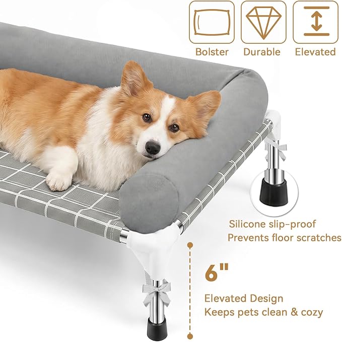 Elevated Dog Bed with 3 Sided Bolster - 32"x26" Raised Pet Cot for Medium Dogs, Stainless Steel Frame Portable Dog Sofa for Indoor, Outdoor, Camping and Patio