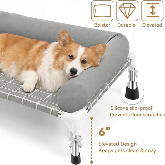 Elevated Dog Bed with 3 Sided Bolster - 32"x26" Raised Pet Cot for Medium Dogs, Stainless Steel Frame Portable Dog Sofa for Indoor, Outdoor, Camping and Patio