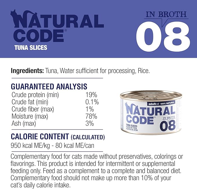 Natural Code - 24 Pack Wet Cat Food, Limited Ingredient Cat Food, High-Protein, Non-GMO, No Artificial Additives, Made in Italy, Tuna in Broth for Adult Cats, 3 oz