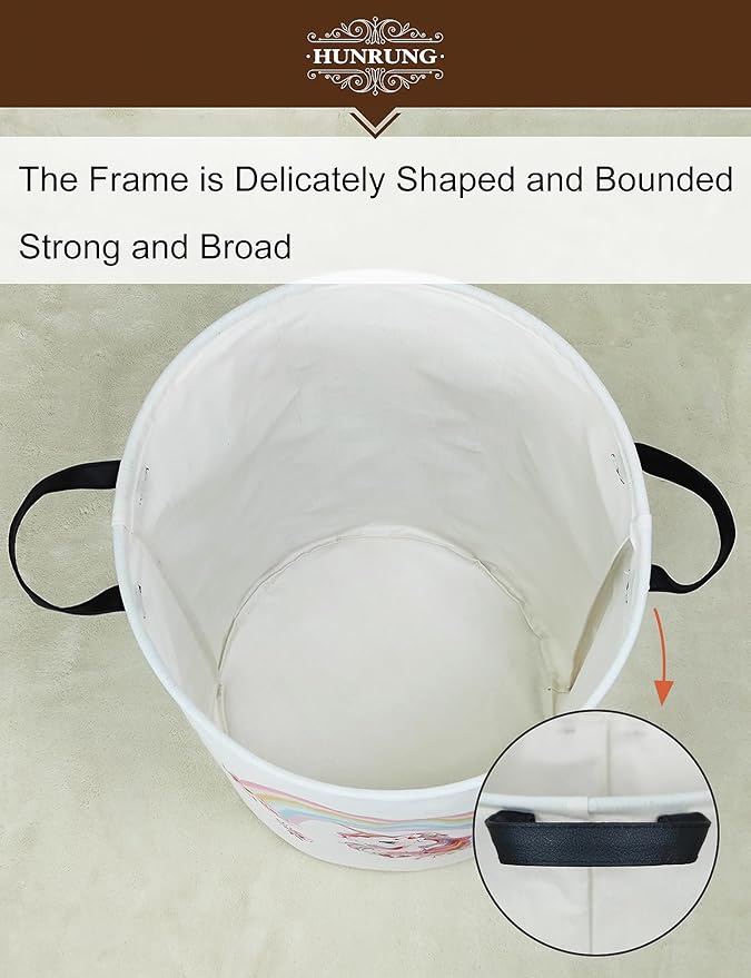 Collapsible Fabric Storage Basket, Waterproof Laundry Hamper with Handles, Round Storage Bin for Clothes Toys, Foldable Organizer for Bedroom Nursery Bathroom(Round-Rainbow Unicorn)